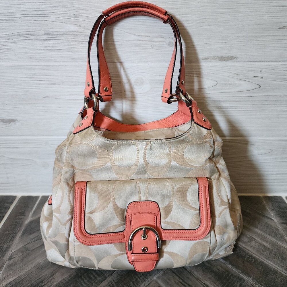 COACH F24742 Campbell Hobo Signature Logo Satchel Beige Coral Shoulder Handbag
